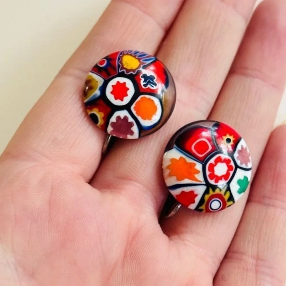 VTG Italy Round Earrings Button Glass Venetian Murano colorful Floral Millefiori
